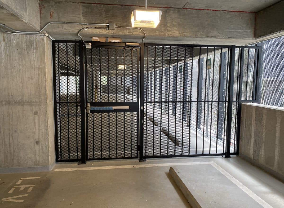 Parking deck expanded metal mesh gate near elevator in Georgia