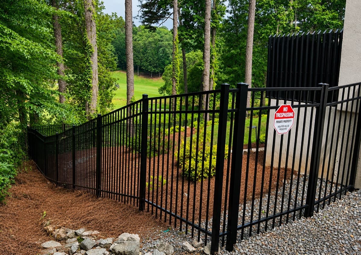 Smooth-top 3-rail black aluminum fence with walk gate installed in Georgia