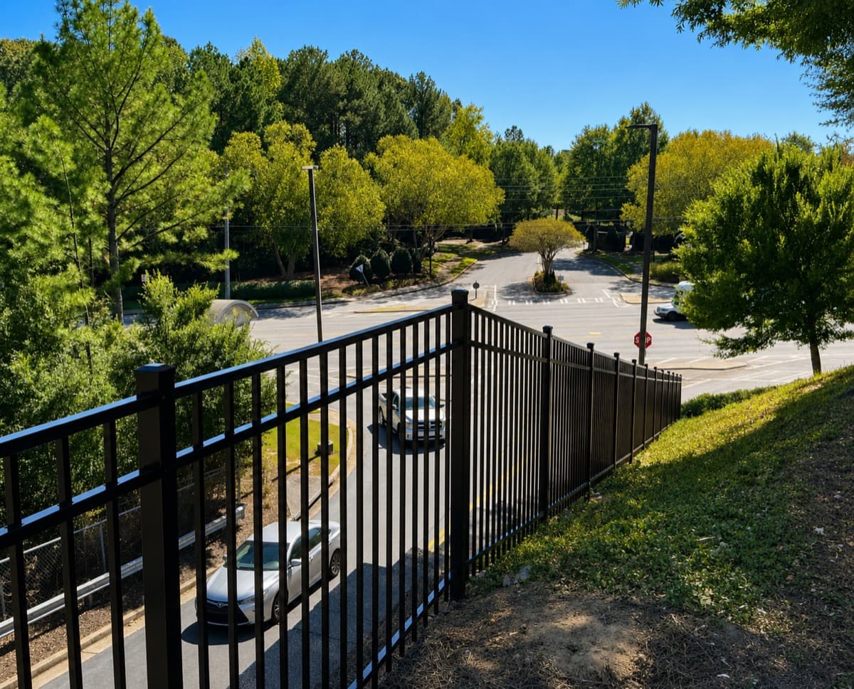 Smooth-top 3-rail black aluminum fence on sloped terrain at HOA community in Georgia