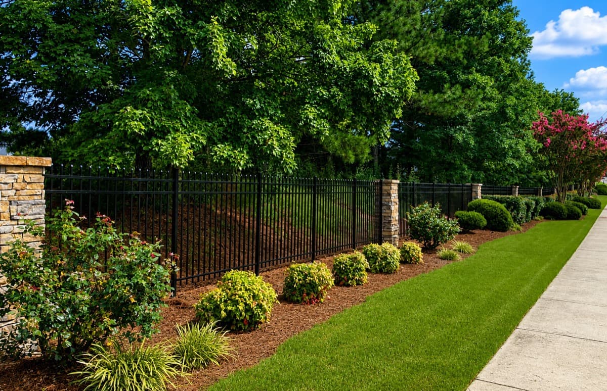 Spear-top 3-rail black aluminum fence installed between columns at a Georgia property