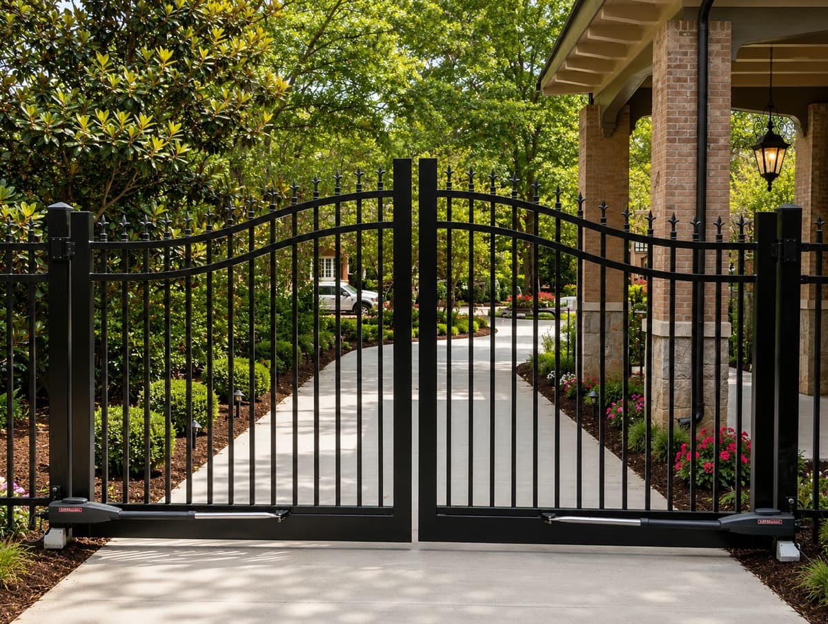 Spear-top black aluminum driveway gate with finials installed in Georgia