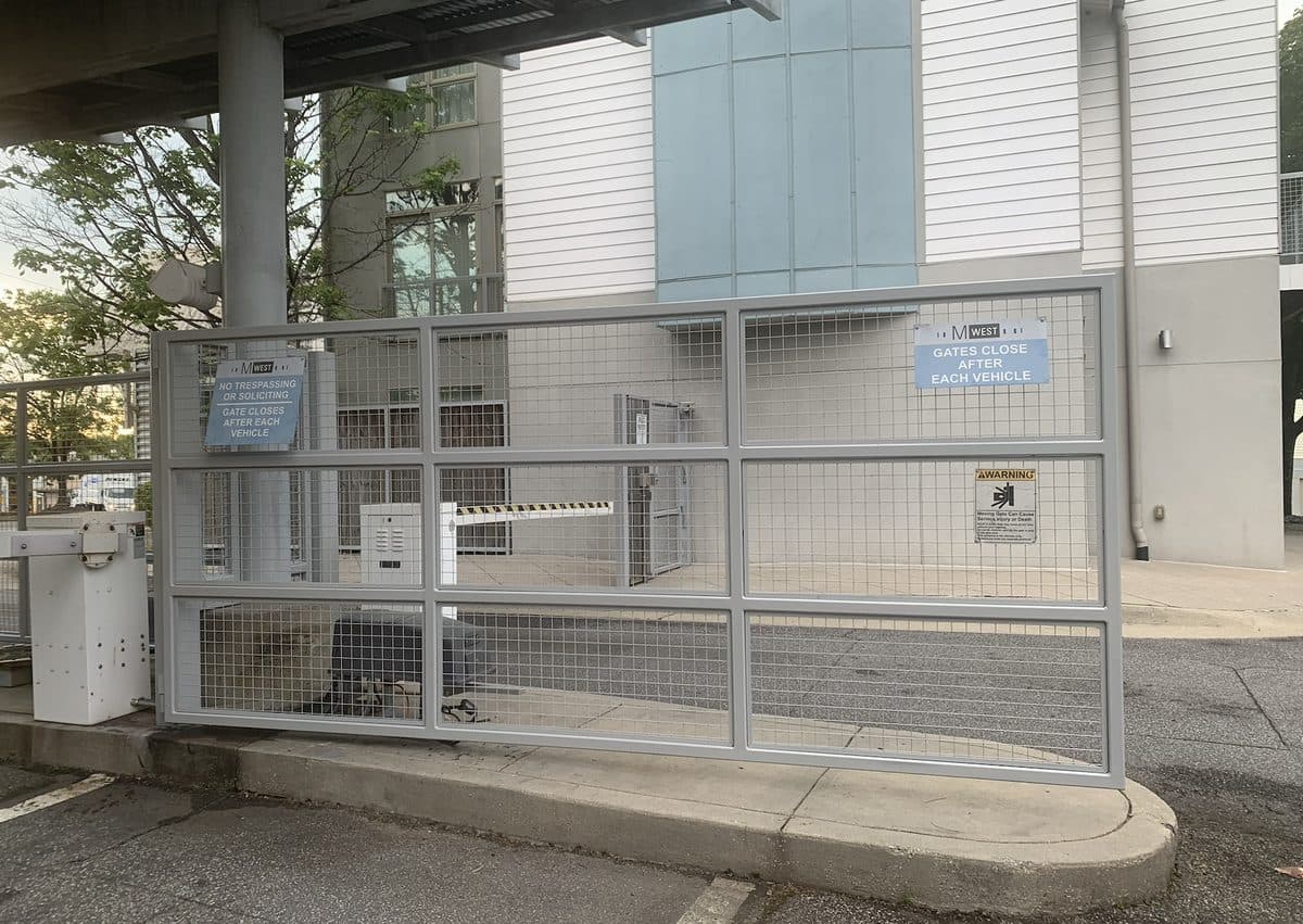 Welded wire mesh slide gate at parking garage in Georgia
